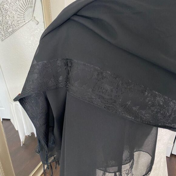 Witchy Whimsygoth Black Mesh Satin Fringe Paisley Scarf / Shawl 42 x 68" Large - Picture 6 of 6